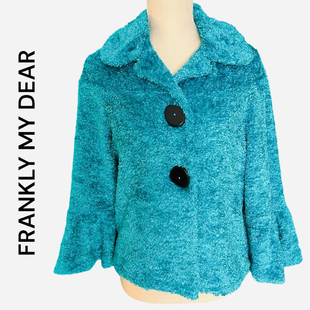 FRANKLY MY DEAR Blue Furry Button Front 3/4 Bell Sleeve Jacket Coat Medium
